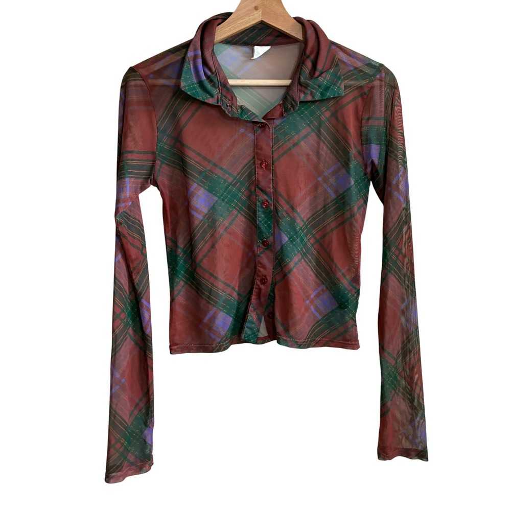 Urban Outfitters Plaid Mesh Button Down Top Large Red Multi Womens Sheer Stretch